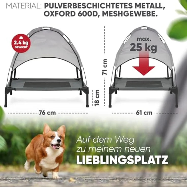 Deuline Hundeliege M mit Dach, erhöhtes Hundebett für Garten & Outdoor, grau, 76x61x18/71 cm – Bild 2