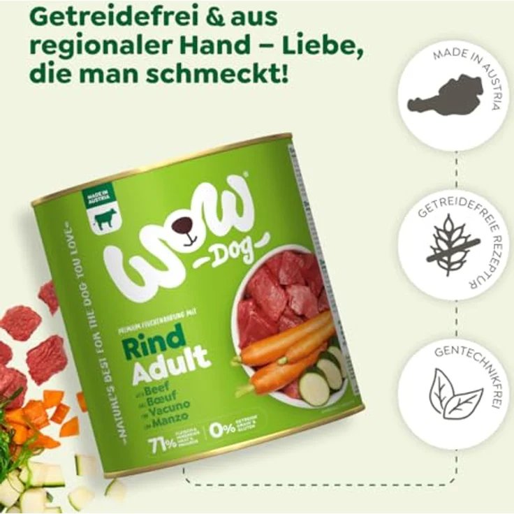 WOW Adult 6 x 800 g Hundefutter, Rind & weitere Fleischsorten, ohne Getreide, ausgewogene Ernährung für erwachsene Hunde – Bild 5