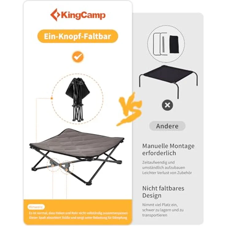 KingCamp Erhöhtes Hundebett, Klappbare Hundeliege mit Atmungsaktivem Mesh & Wildledermatte, Rutschfeste Füße, Schwarz 77 x 77 x 30 cm – Bild 5