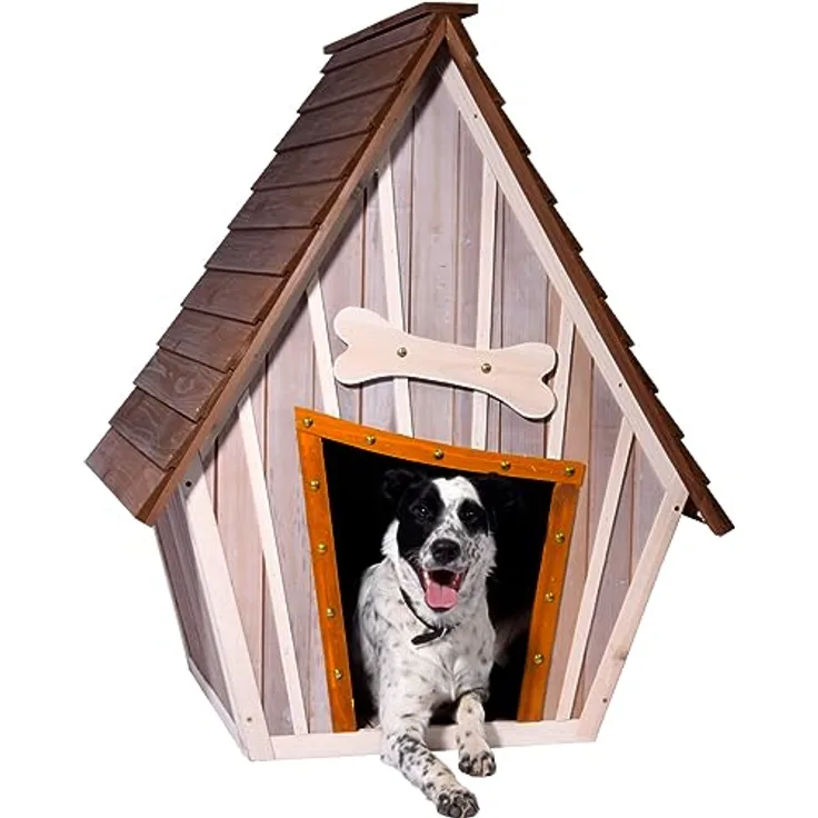dobar Hubi XL Hundehütte, isolierend aus Echtholz, große Außenhundehütte mit braunem Dach, 90x77x109 cm