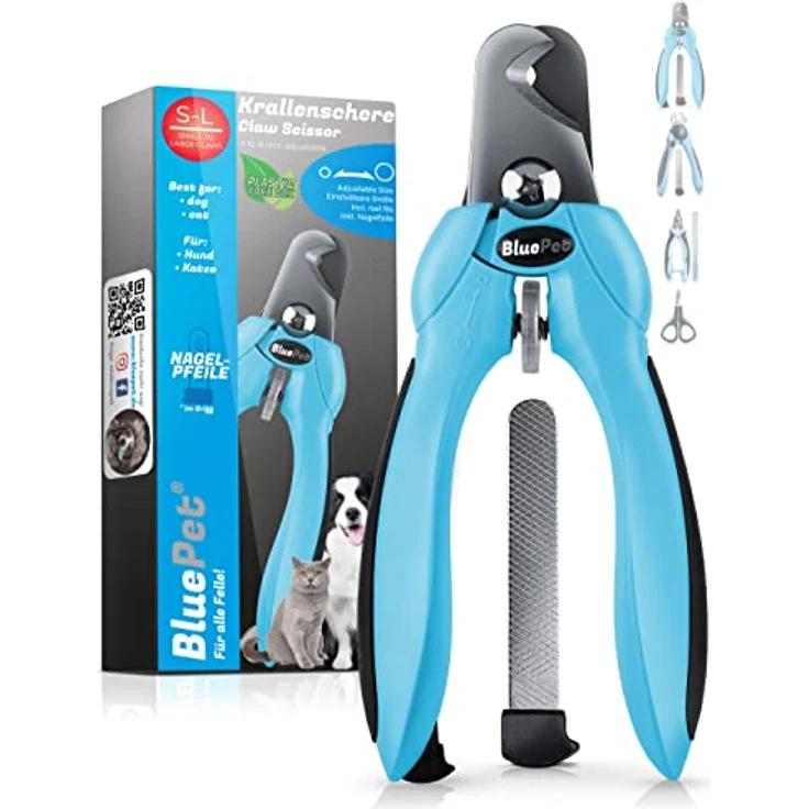 BluePet Profi Krallenschere für Hunde & Katzen, extra scharfer Krallenschneider mit einstellbarer Größe und integrierter Feile zur schmerzfreien Krallenpflege – Bild 1