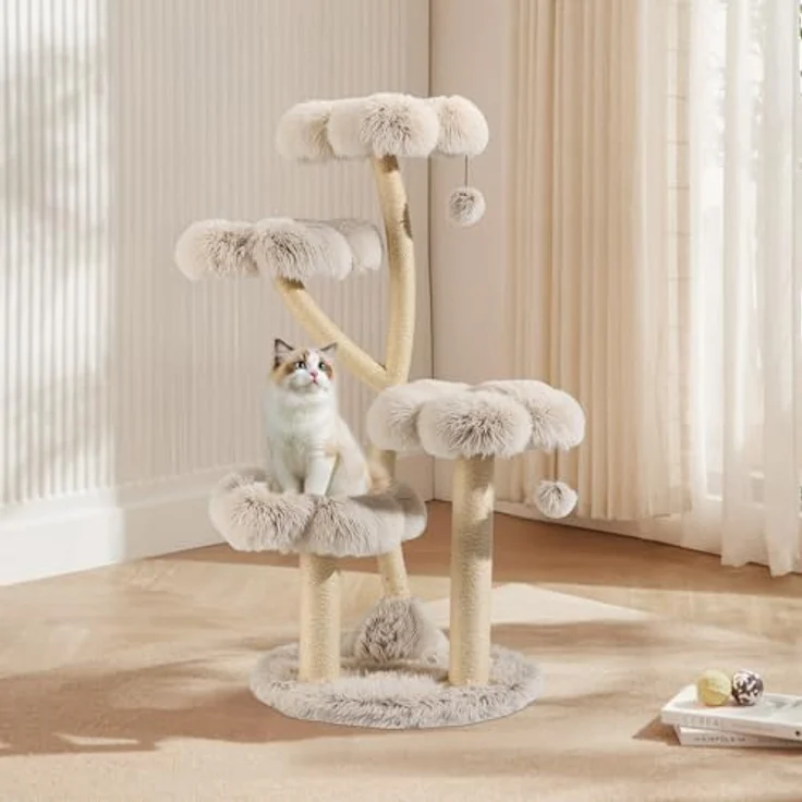 Wiltec Fudajo Designer Kratzbaum 123cm, Katzenkratzbaum in Creme und Grau, Kratzmöbel für Katzen – Bild 2