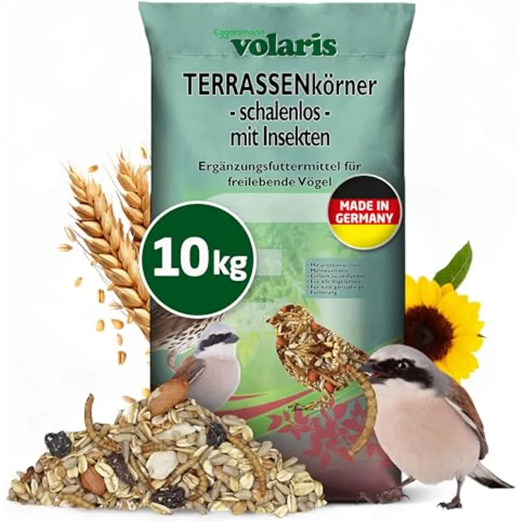 Eggersmann volaris Terrassenkörner mit Insekten, 10 kg proteinreiches Wildvogelfutter für alle Vogelarten, schalenlos