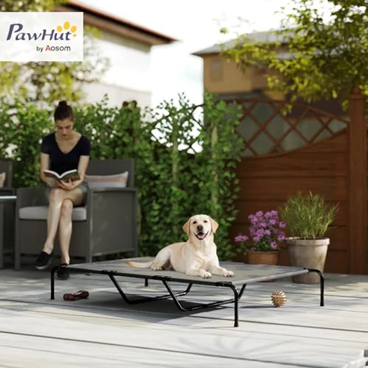 PawHut Erhöhtes Hundebett für große Hunde, Outdoor Hundeliege mit Stahlrahmen, atmungsaktivem Netzgewebe, tragbar, grau, 152x94x23 cm – Bild 2