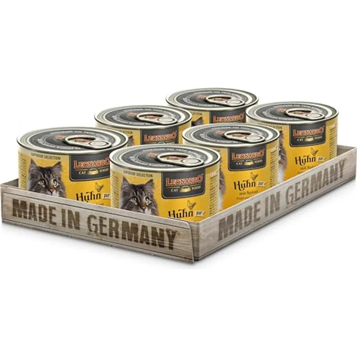 LEONARDO Katzen Nassfutter Superior Selection, Huhn mit Spinat, getreidefrei, ohne Zucker, 6x200g Dose, für ausgewachsene Katzen, Made in Germany – Bild 1