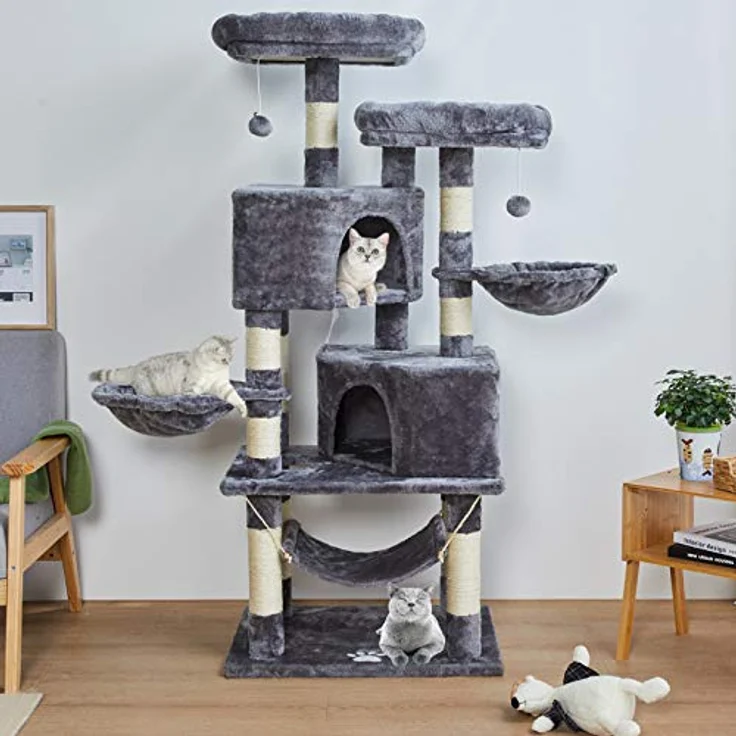 MSmask Stabiler Kratzbaum, Katzenbaum für große Katzen mit 2 Plattformen und großer Höhle, hellgrau, Sisalstämme, aus FSC-zertifiziertem Holz – Bild 1