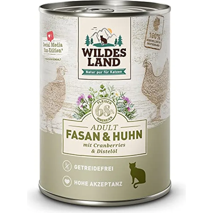 WILDES LAND Nassfutter für Katzen, Huhn und Fasan, 6 x 400 g, ohne Farbstoffe und Konservierungsstoffe, getreidefrei