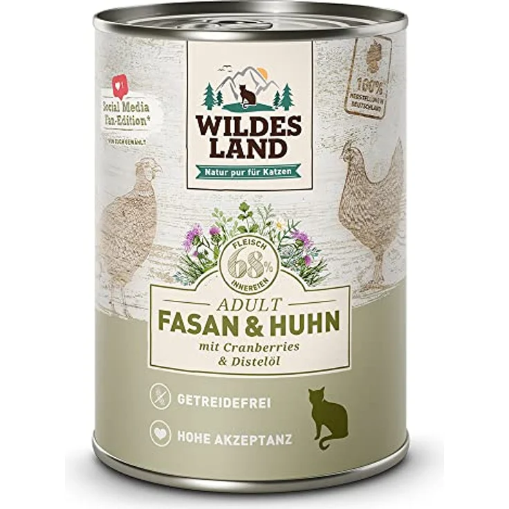 WILDES LAND Nassfutter für Katzen, Huhn und Fasan, 6 x 400 g, ohne Farbstoffe und Konservierungsstoffe, getreidefrei – Bild 1