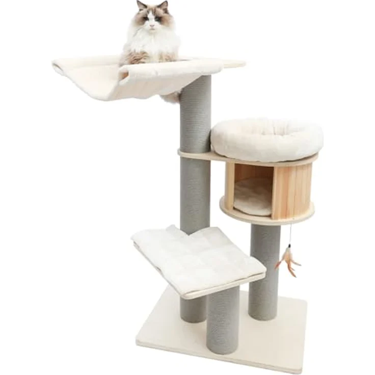 CanadianCat Company Kratzbaum Remy, beige, 130 cm hoch mit Holzhöhle und gepolsterten Liegeflächen – Bild 1