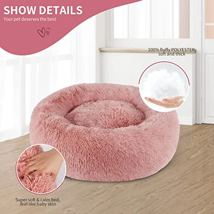 BVAGSS Rundes Hundebett & Katzenbett, Flauschiges Donut-Kuschelkissen aus ultraweichem Plüsch, Waschbar, 80 cm, Beige – Bild 2