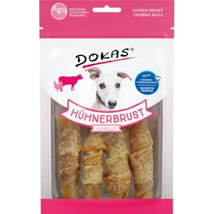 Dokas Hühnerbrust Kaurolle | 10 x 90 g | Snack für Hunde aus Rinderhaut im Hühnchenfiletmantel mit Rauchnote, ohne künstliche Zusatzstoffe