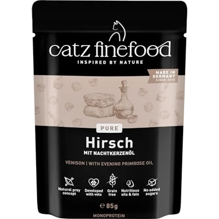 catz finefood Purrrr Hirsch Monoprotein Katzenfutter nass N° 121, 70% Fleischanteil, für ernährungssensible Katzen, 16 x 85g Beutel – Bild 1
