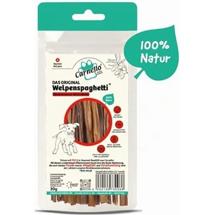 Carnello Welpenspaghetti, getreidefreier Hundesnack für kleine Hunde, 8 x 30g, unterstützend für die Darmflora, mit natürlichen Zutaten, wiederverschließbarer Beutel – Bild 2
