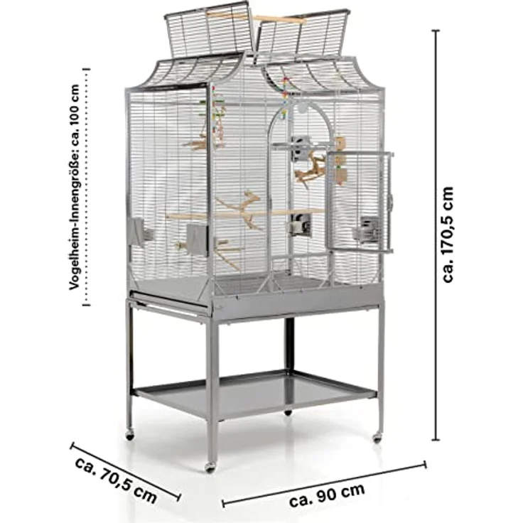 Montana Cages Premium Vogelkäfig Madeira III, großer Vogelkäfig für Sittiche, inkl. Anflugklappe, Freisitz, 4 Edelstahlnäpfe, AVILON Pulverbeschichtung, Platinum Edition, ca. 90 x 70 x 170 cm – Bild 2