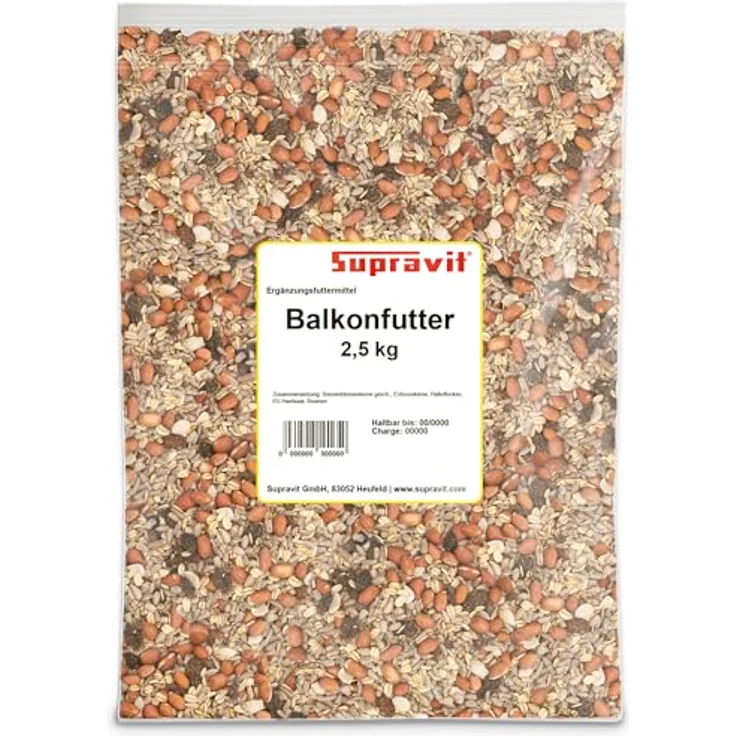 Supravit Balkonfutter für Wildvögel, 2,5 kg – Premium schalenfreies Wildvogelfutter mit Sonnenblumenkernen, Erdnüssen, Haferflocken & Rosinen, Ganzjahres- & Winterfutter – Bild 1