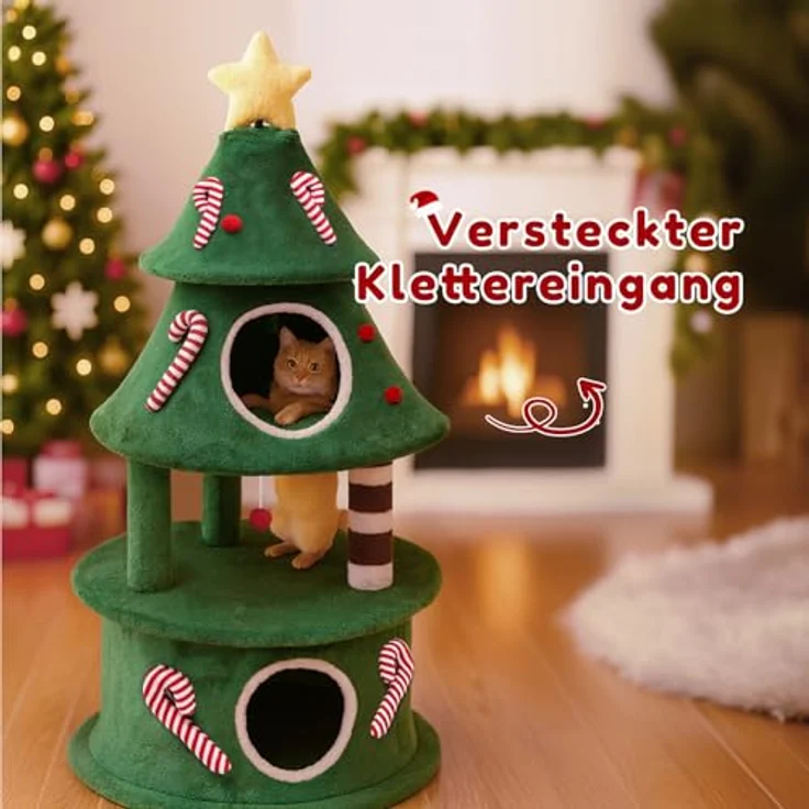 COMHOMA Kratzbaum im Weihnachtsbaum-Design, 144 cm hoch, mehrstöckiger Katzenbaum mit Katzenhaus, Spielbällen und stabilen Plattformen – Bild 2