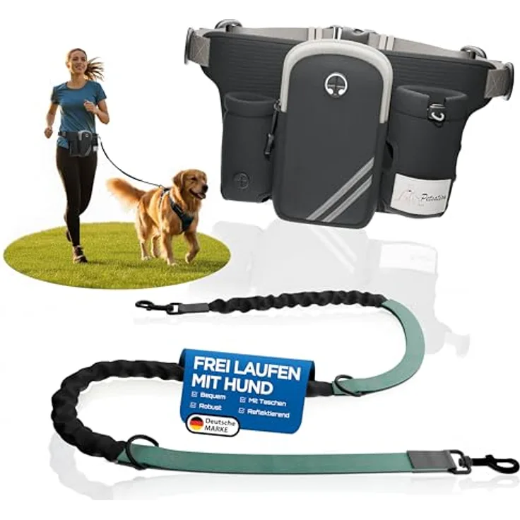 PETSATION Joggingleine, Hands-Free mit Bauchgurt & Hüfttasche, verstellbar, reflektierend, stoßdämpfend für Joggen, Wandern, Fahrrad, robust für alle Hunde