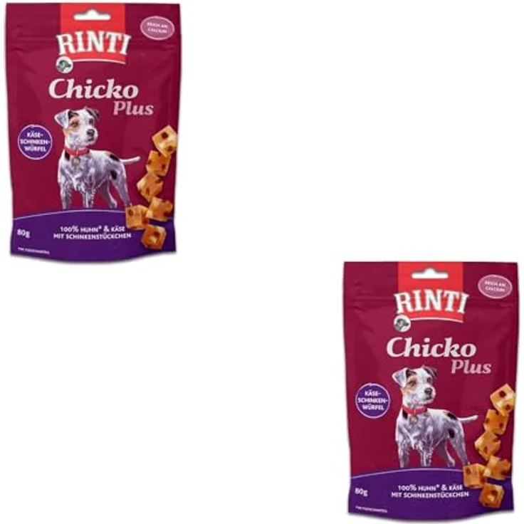 Rinti Chicko Plus Käse-Schinken-Würfel, Doppelpack 2 x 80 g, Leckerli aus Hühnerbrustfilet mit herzhaften Käsestückchen und Schinken, schonend luftgetrocknet – Bild 1