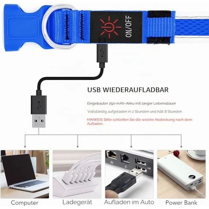 YFbrite LED Leuchthalsband für Hunde, Aufladbar, Wasserdicht, 3 Leuchtmodi, Verstellbar, Blau, L – Bild 3