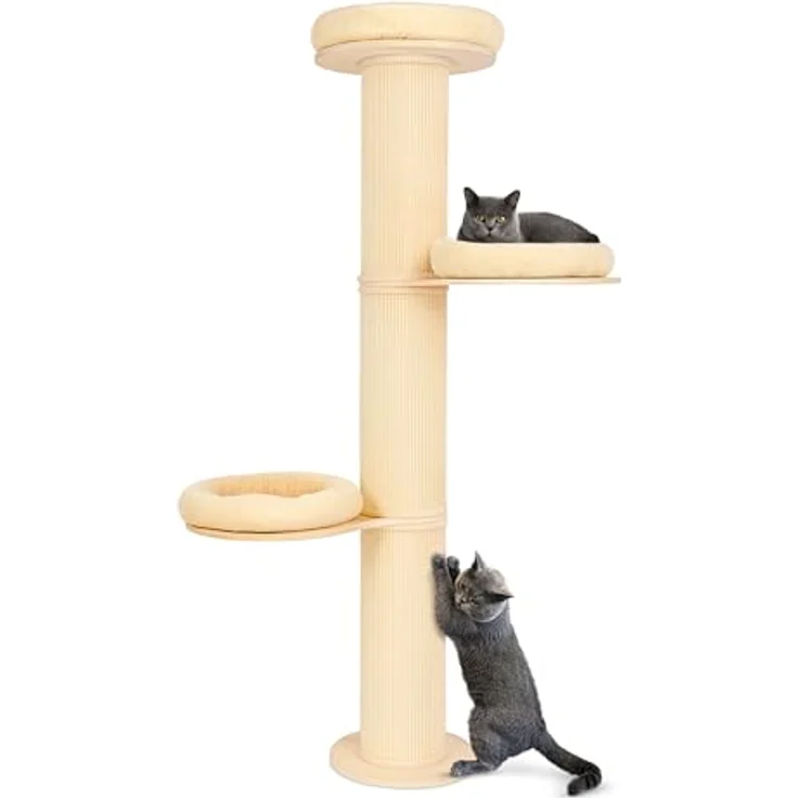 PET VIOLET Kratzbaum wandmontiert 185 cm hoch, XXL Katzenbaum mit 3 Plattformen, Premium Sisal Säulen, abnehmbare und waschbare Kissen, stabil und platzsparend, Beige – Bild 1