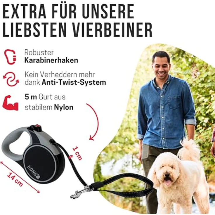 KONG Terrain Hundeleine, einziehbar mit Softgrip-Griff, intuitiver Bremse, schwarz, in 5 Farben und 3 Größen erhältlich – Bild 3