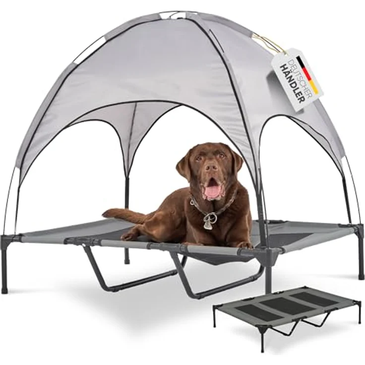 Deuline Hundeliege XL, erhöhtes Hundebett mit abnehmbarem Dach für Garten und Outdoor, 122x91x23/114cm, grau – Bild 1