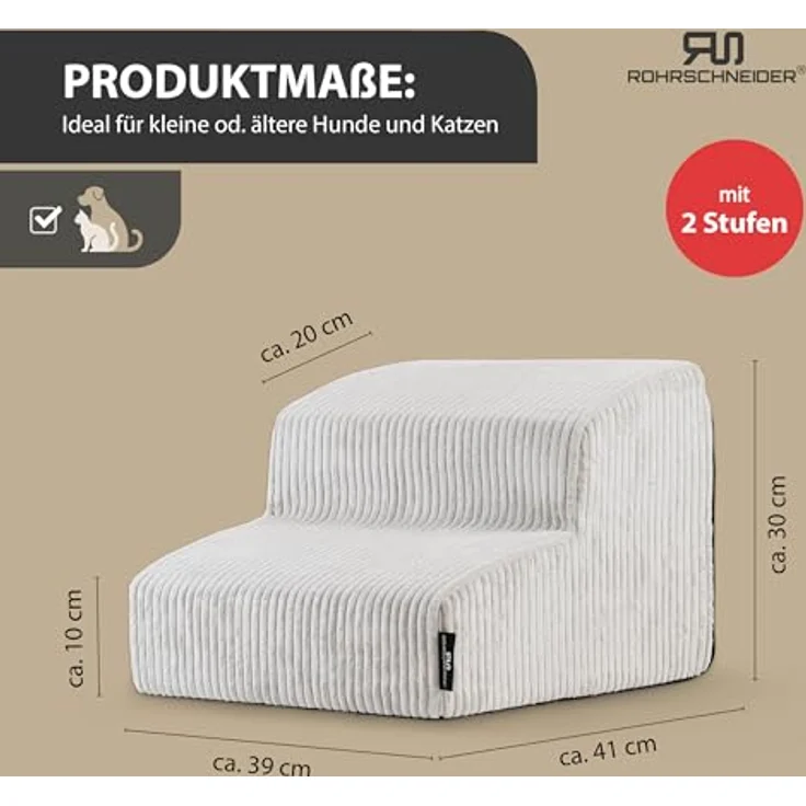 Rohrschneider Hundetreppe für kleine Hunde, rutschfest mit waschbarem Cordbezug, Schaumstofffüllung, beige, Made in EU – Bild 3