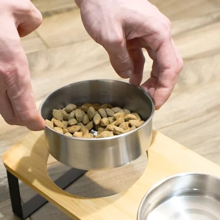 Sendez Erhöhter Doppelnapf für Katzen & Hunde, 2x 250 ml Edelstahlnäpfe mit Bambus-Ständer, rutschfest & spülmaschinengeeignet – Bild 4