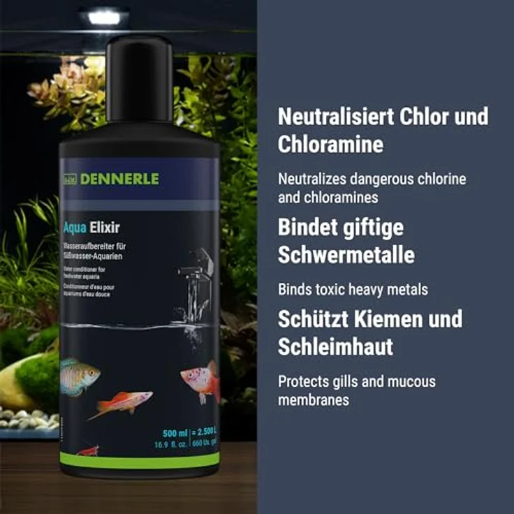 Dennerle Aqua Elixir 500 ml, Wasseraufbereiter für Süßwasser Aquarien - neutralisiert Chlor, bindet Schwermetalle, schützt Fische – Bild 4