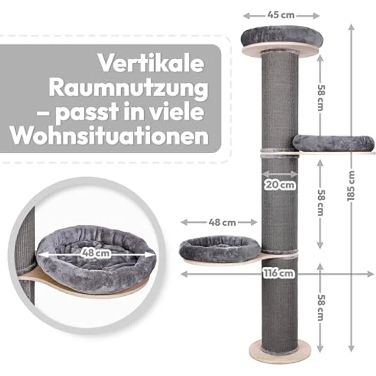 PET VIOLET Kratzbaum Wandmontiert 185 cm hoch, XXL Katzenbaum mit Premium Sisal Säulen, 3 Abnehmbaren & Waschbaren Kissen, Stabiler & Platzsparender Kratzbaum, Grau – Bild 2