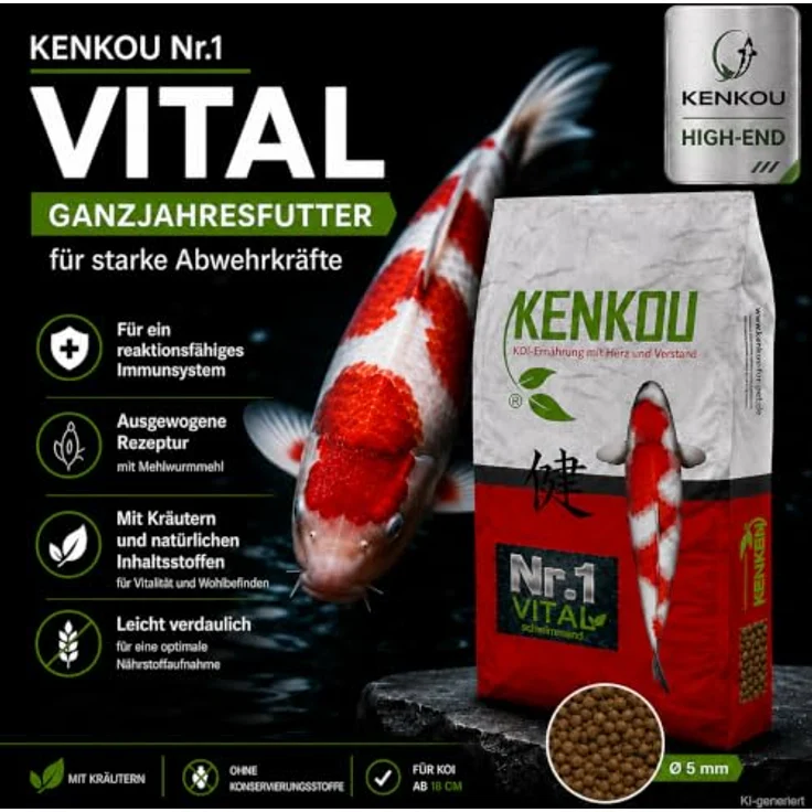 KENKOU Nr. 1 Vital, 5 kg schwimmendes Koifutter für Teichfische, 5 mm Pellets, Ganzjahresfutter mit 30% Fischmehl und Spirulina – Bild 2