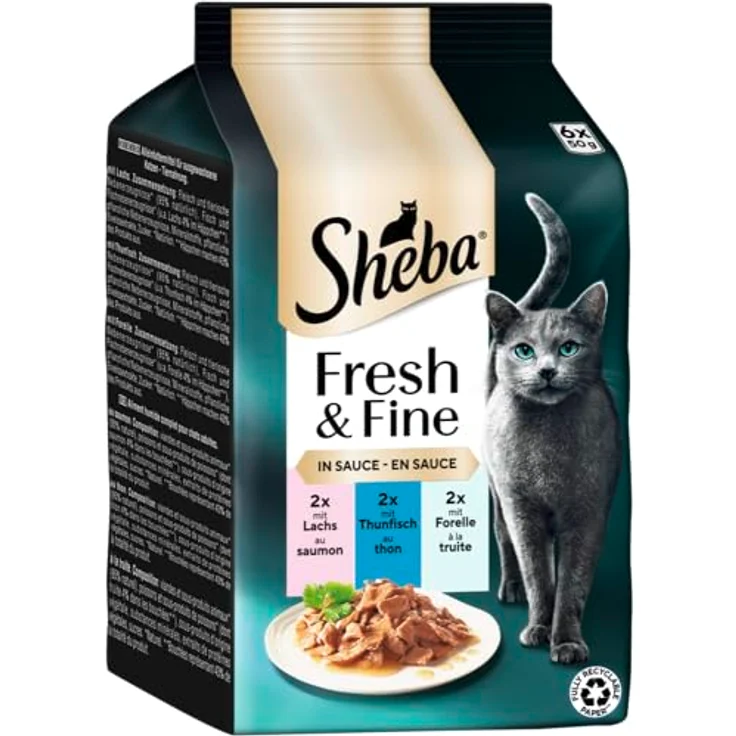 SHEBA® Portionsbeutel Multipack Fresh & Fine in Sauce, mit Lachs und Thunfisch MSC, 6 x 50g Katzen-Nassfutter – Bild 1