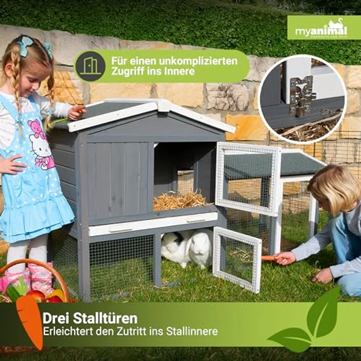 Miweba MyAnimal Hasenstall MH-03, Kleintierkäfig aus imprägniertem Holz mit Freilaufgehege, wetterfest, grau/weiß – Bild 5