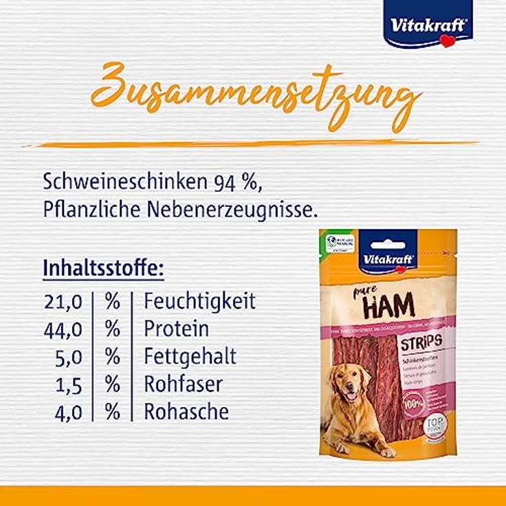 Vitakraft Pure Ham Strips, Hundeleckerli mit 100% magerem Schweinefleisch, zuckerfrei, 80g, wiederverschließbarer Beutel – Bild 4