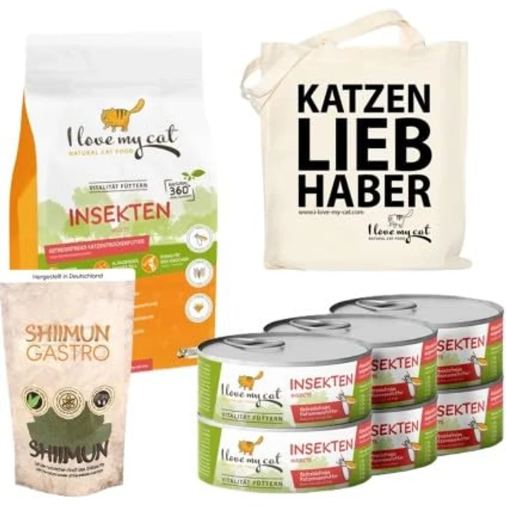 I love my cat Futterset für Katzen mit empfindlichem Magen, Trocken- & Nassfutter mit Insekten, Shiimun Gastro 50 g & Jutebeutel – Bild 1