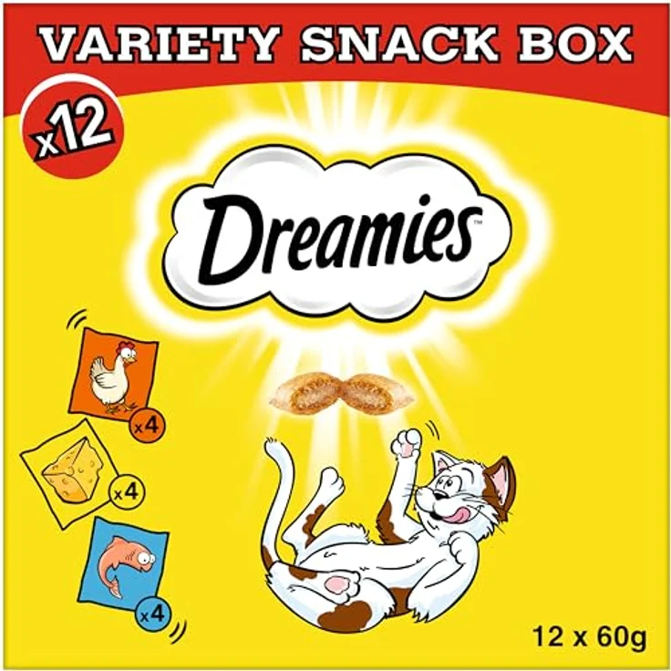 Dreamies Katzensnacks, Variety Snack Box 12x60g mit Huhn, Käse und Lachs, traumhaft knusprige Leckerlies mit zarter Füllung, 2 kcal pro Stück – Bild 2