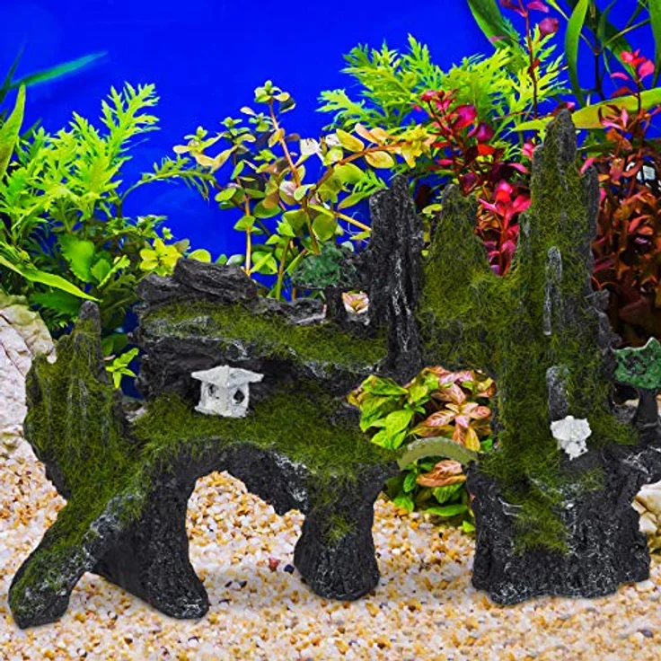 relaxdays Aquariendeko Felsen mit Kunstmoos und Tempel, grau-grün, 17 x 23,5 x 8,5 cm, für Süß- und Salzwasseraquarien – Bild 2