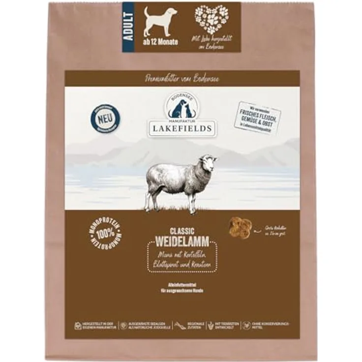 Lakefields Classic Hundefutter trocken, Lamm 60%, getreidefreies Trockenfutter mit Kartoffeln, Blattspinat und Kräutern, 1 kg, schonend gebacken
