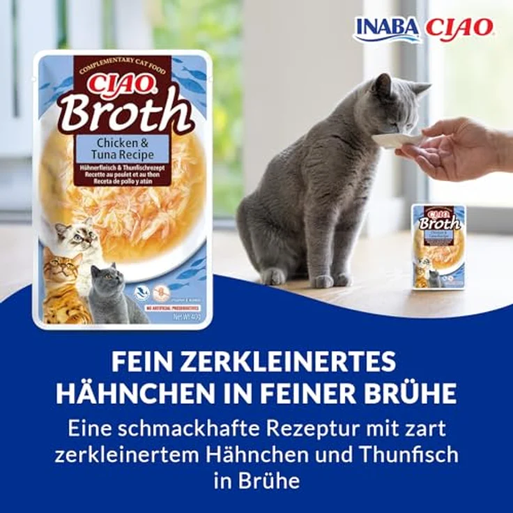 INABA Ciao Broth Katzen-Nassfutter, Ohne Getreide und Zucker, 15% Hühnerfleisch & 15% Thunfisch, 40 g (1er Pack), Hochwertige Zutaten, Kalorienarm – Bild 1