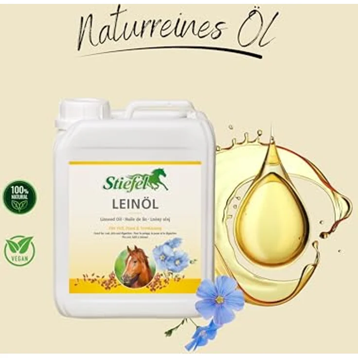 Stiefel Leinöl für Pferde, 100% naturreines kaltgepresstes Öl zur Unterstützung von Fellwechsel, Verdauung & Haut, flüssig, 5l – Bild 2