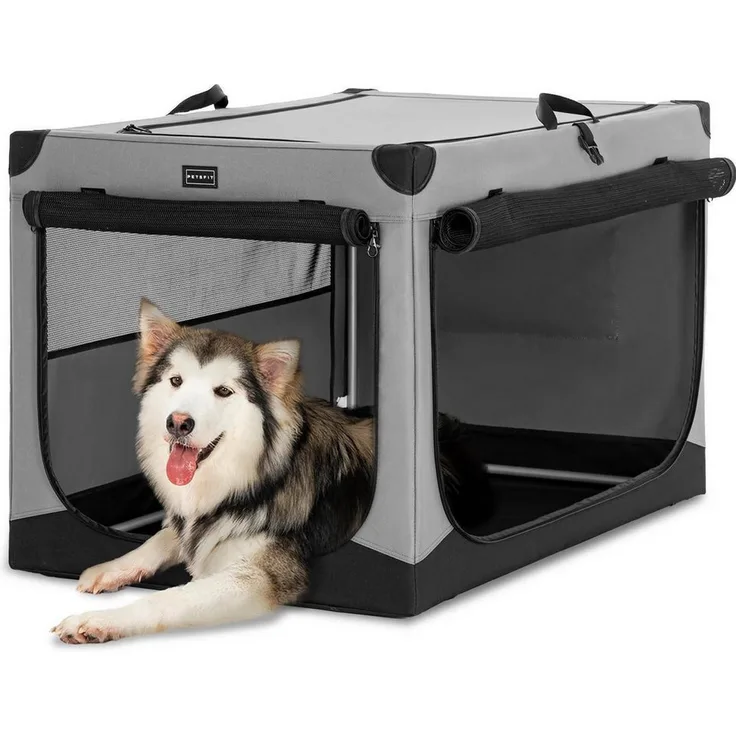 LuxusKollektion Hunde-Transportbox XL, faltbar mit Stoffbezug und spiralförmigen Stahlrohren, grau, drei Türen und praktische Aufbewahrungstasche