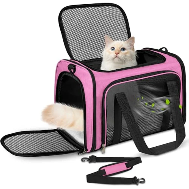 Lohofrnny Transporttasche Katze, Tragbare Faltbare Haustiertasche bis 5kg, Rosa, 43x28x28cm mit Schultergurt und dreiseitiger Öffnung – Bild 1