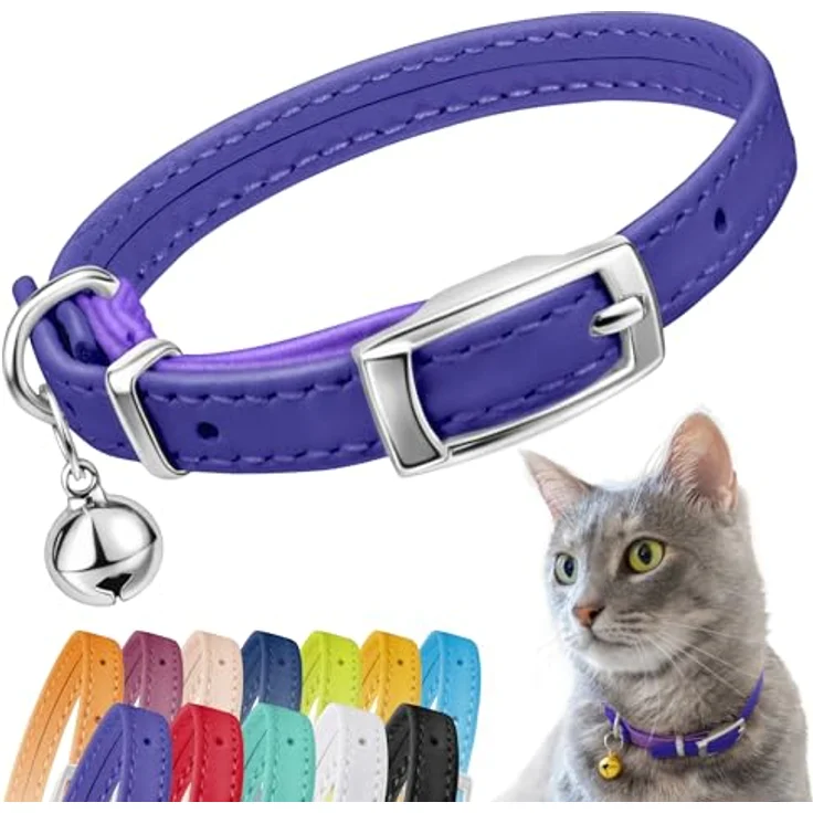 CollarDirect Leder Katzenhalsband, Sicherheitshalsband mit elastischem Gurt und Glocke, Violett, 20-28 cm – Bild 1