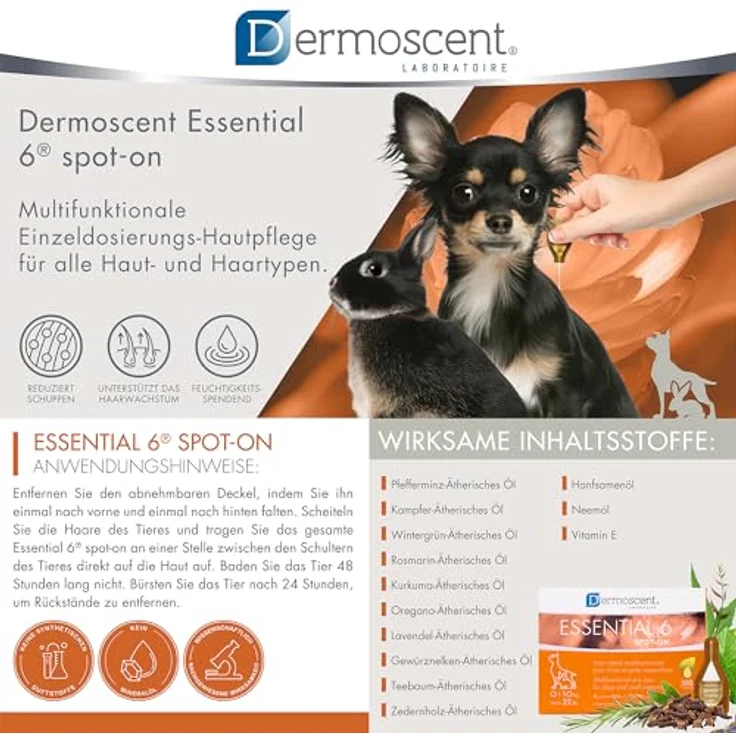 Dermoscent Essential 6 Spot-On, 4 x 0,6 ml, Juckreizmittel für kleine Hunde, Katzen und Kleintiere, Hält Haut gesund mit Vitamin E, Mühelose Anwendung – Bild 2
