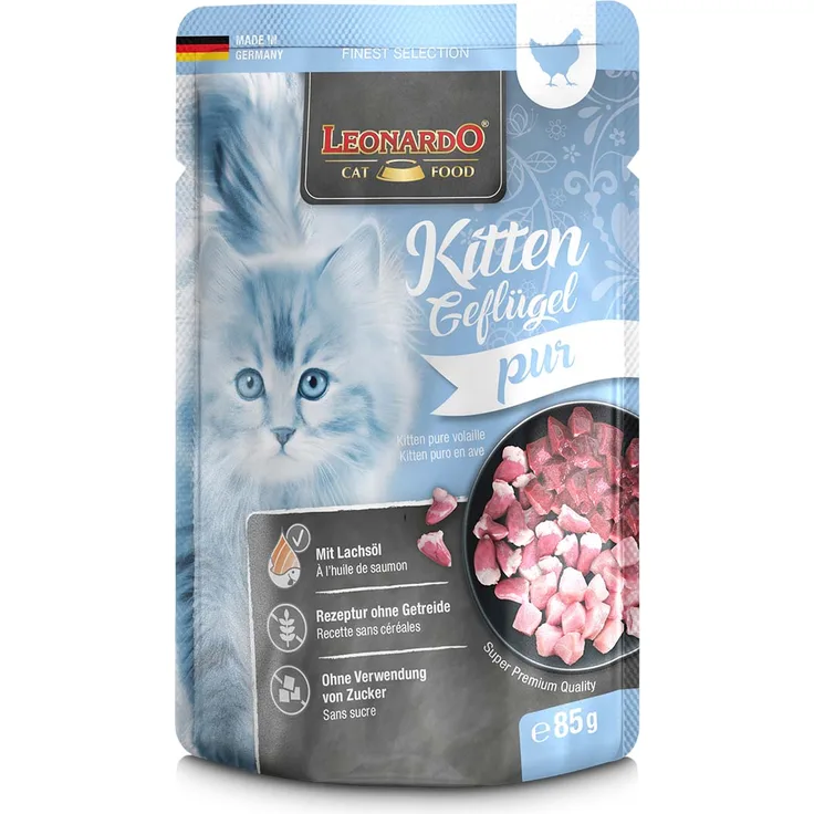 Leonardo Finest Selection Kitten Geflügel pur, Katzen-Nassfutter in praktischen Einzelportionen, 16x85g
