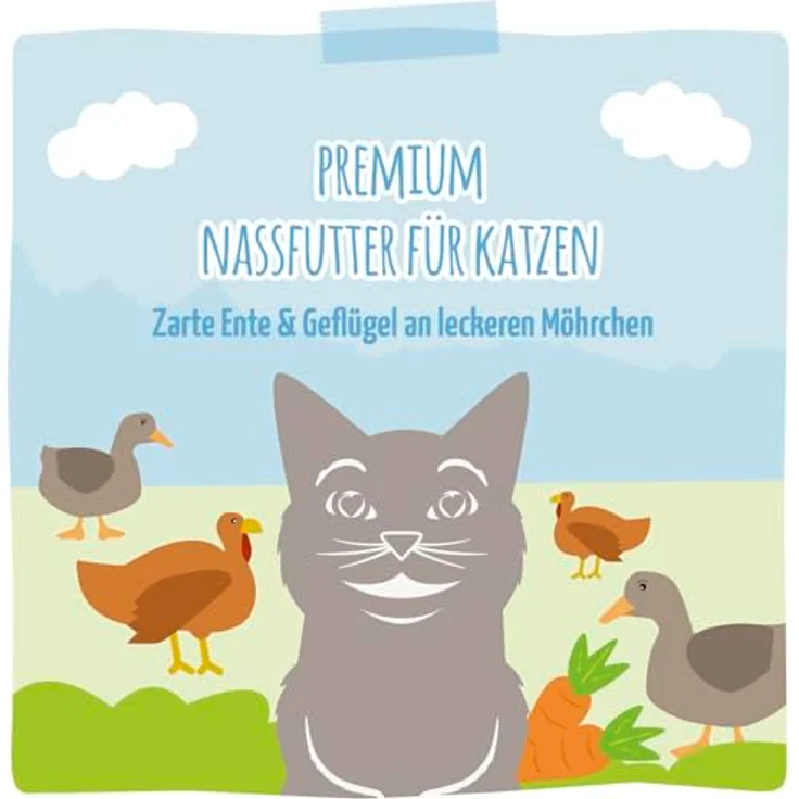 MjAMjAM Premium Nassfutter für Katzen, zarte Ente & Geflügel an leckeren Möhrchen, getreidefrei, 6er Pack (6 x 800 g), hoher Fleischanteil – Bild 5