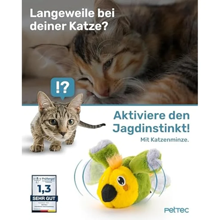 PetTec interaktives Plüschtier für Katzen, Papagei mit beweglichen Flügeln und Katzenminze, für stundenlangen Spielspaß – Bild 2