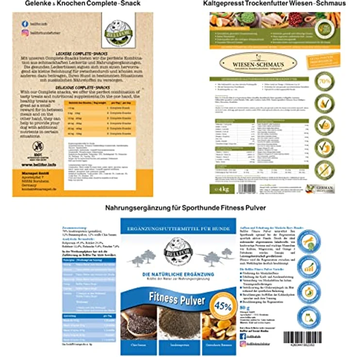 Bellfor Futterset für Windhunde, Getreidefreies Trockenfutter mit Huhn 4 kg, Gelenke & Knochen Complete-Snack 150 g und Muskelaufbaupräparat 80 g – Bild 4