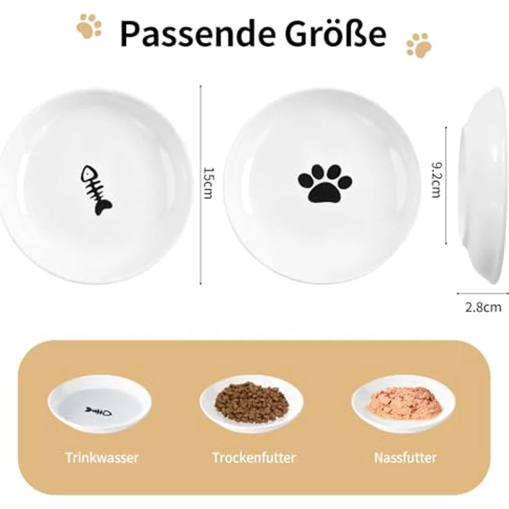 unbholkk Katzennapf Set, 4 Stück Keramische Futternäpfe, Whiskerfreundliches Flachdesign, Weiß, Ideal für Katzen und Kleintiere – Bild 2