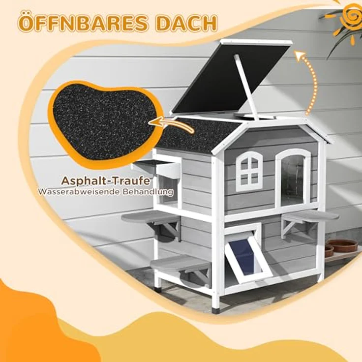 PawHut 2-Etagen Katzenhaus aus Holz, winterfest und wasserdicht mit klappbarem Dach und Treppe, Garten Outdoor Schutzhütte, grau, 78 x 55,5 x 91 cm – Bild 3